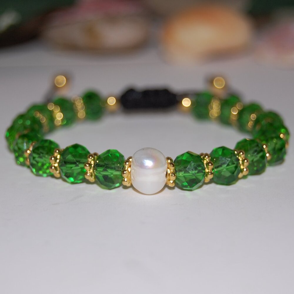 Pearl Bracelet,Fresh Water Pearl,Crystal Glass Beads,Drawstring,Green Bracelet